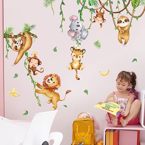 Miniatura 5 de Amaonm - Calcomanía de pared removible de koala, león, mono, plantas trepadoras, vides, animales que juegan con hojas verdes, murales, decoración