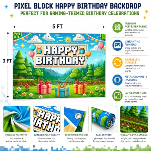 Image of Happy Birthday Banner Boy 5x3ft Birthday Sign Village Gaming Birthday Party Decorations Videogame Themed Banner Video Game Decorations Video Game Happy Birthday Backdrop for Boys