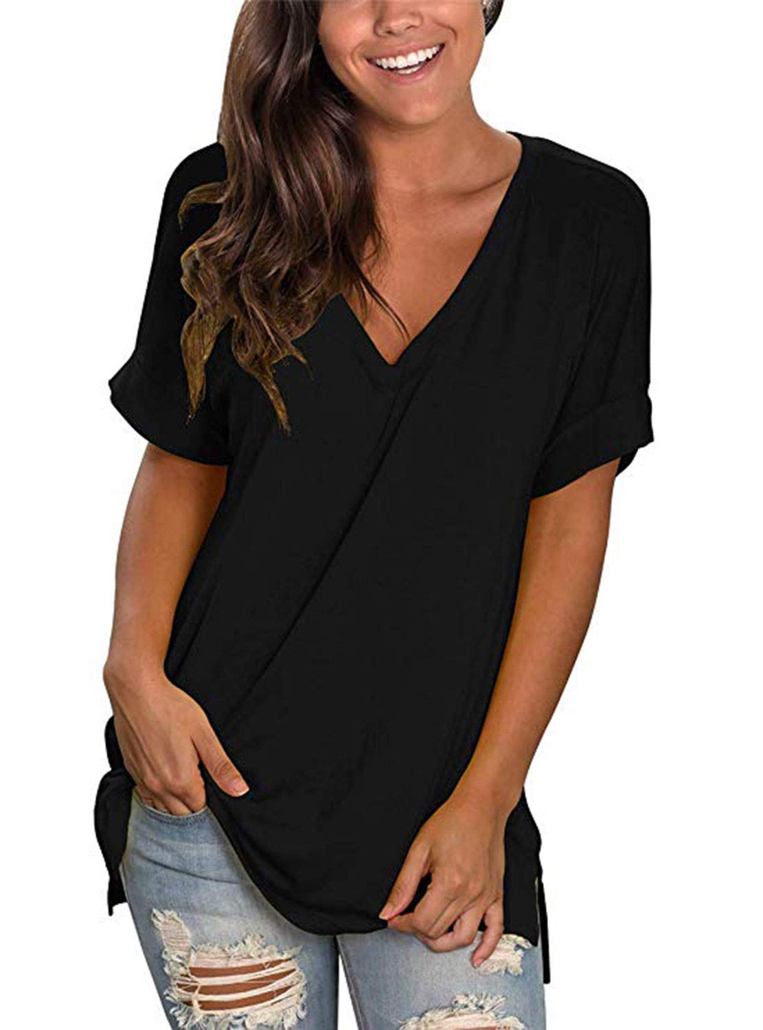 heekpek Blusas de Moda Verano Mujer Blusas y Camisas de Mujer Ropa Mujer Verano Tops Mujer Camisas OversizedColor Sólido V Neck Camisa Manga Corta Plus Size