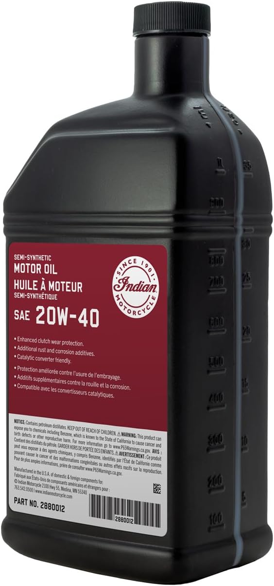 Indian Motorcycle Oil 20W-40 Semi-Synthetic for Specific Chief, Chieftain, Roadmaster, Springfield Models and More With Thunderstroke 111 & 116 Air Cooled Engines, Motor Oils, 1 Quart, Qty 1-2880012