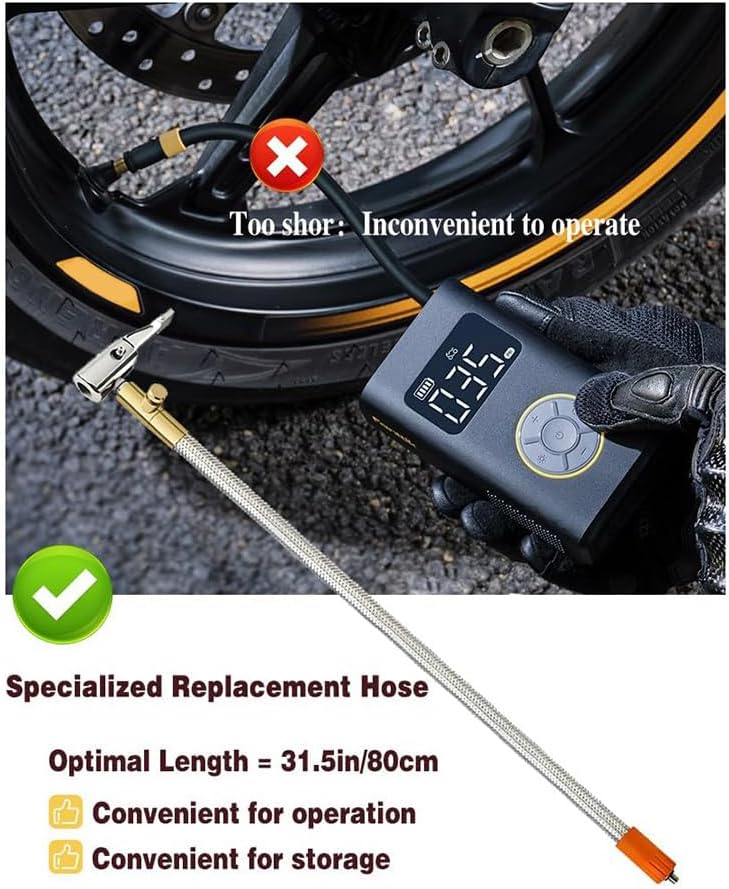 Extended Portable Air Compressor Tire Inflator Replacement Hose with Stainless Steel Mesh for Protection, Air Pump Tube, Fine Workmanship, Silver&Orange