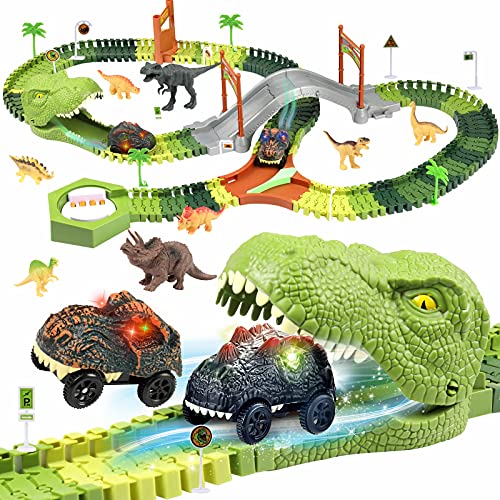 Qtezoo 173PCS Dinosaur Race Track Toys, Flexible Train Car Track Construction Toys ,2 Electric Race Cars with Lights,8 Dinosaur Models for 3 4 5 6 7 Year Old Boys Girls Birthday Gift