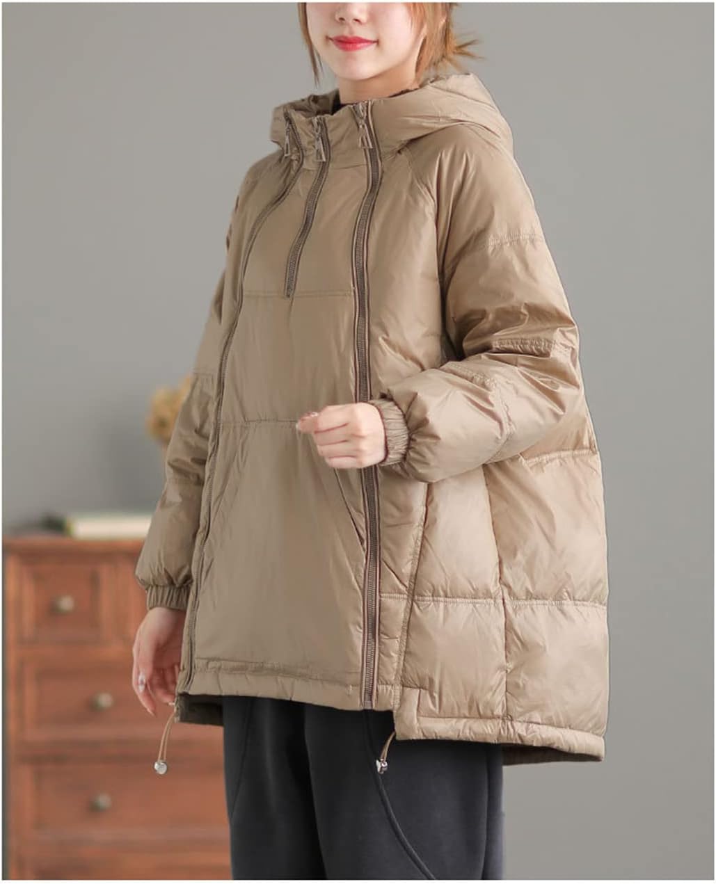 Pulcykp Ladies Thickened Warm Jacket Down Parka Autumn and Winter Mid-Length Hooded Loose Jacket