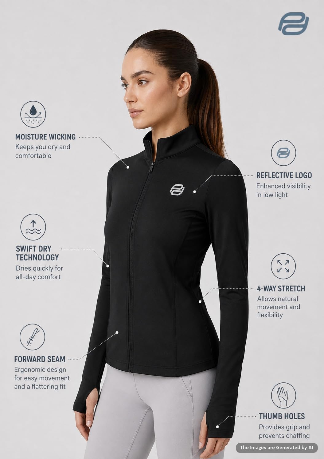 PUMPD Women's Jacket | Slim Fit | Thumb Hole Open Sleeve | With zipper | Perfect for workout | BLACK | M 4