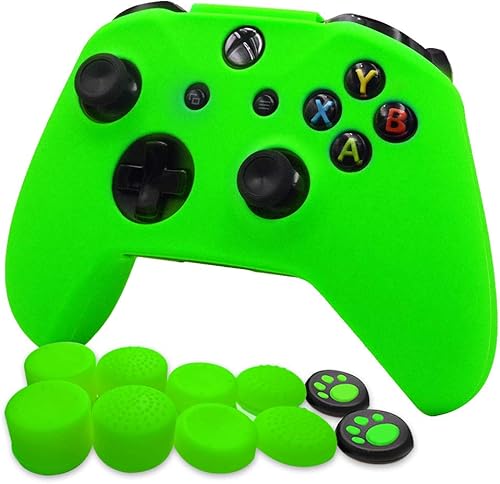 FOTTCZ Juego de funda de silicona suave antideslizante para controlador Microsoft Xbox One que 1 funda de controlador verde + 8 tapas de agarre para