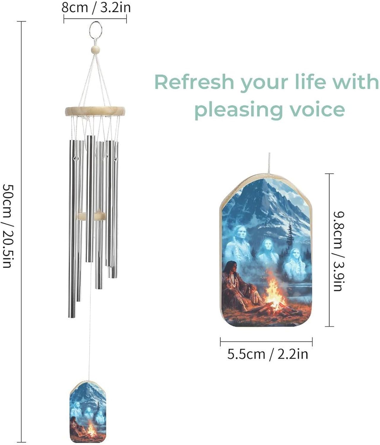 Native U.S. Chief Spirit Wooden Wind Chimes Deep Tone Memorial Windchime for Outside Garden Home Decoration