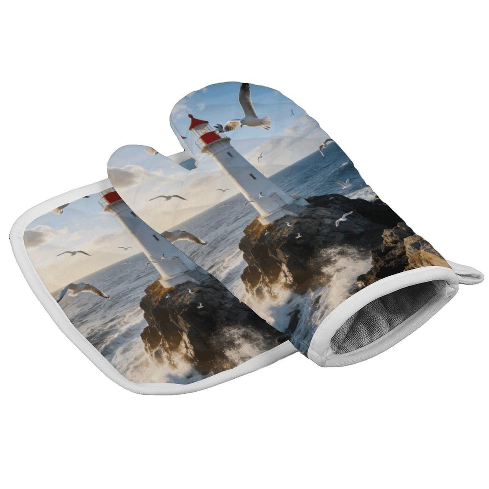 Fodpand Style Lighthouse Seagull Oven Mitt Set With Lanyard, Cooking Mitt, Protective Thermal Insulation,Kitchen Mitt For Baking, Cooking, Grilling, Microwave