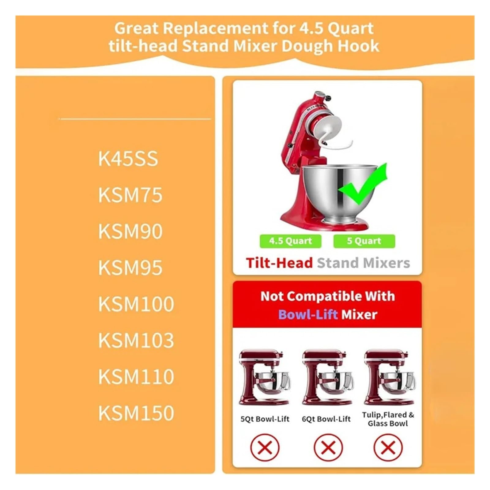 Compatible con KitchenAid, gancho for masa recubierto K45DH, KSM90/150