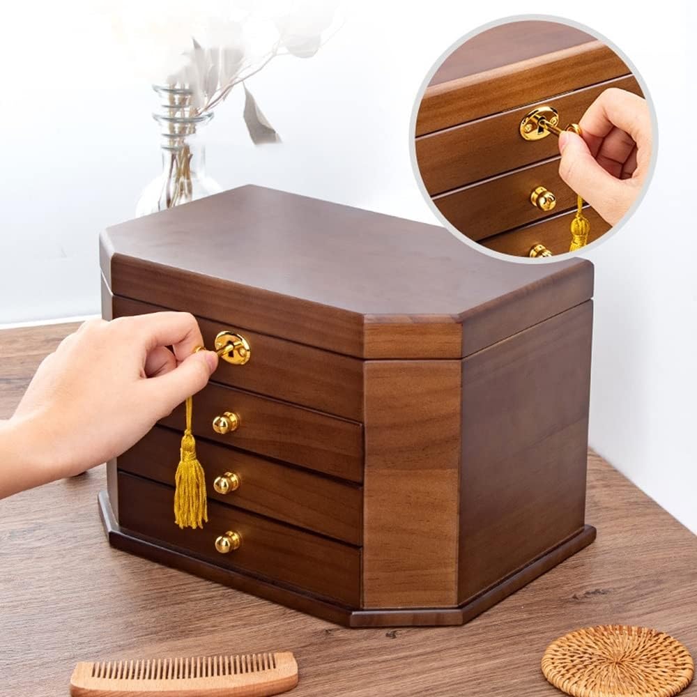 Organizer na biżuterię dla kobiet, lite drewno z zamkiem, schowek na naszyjniki, pierścionki, zegarki i nie tylko, elegancki design, aby Twoje skarby były bezpieczne