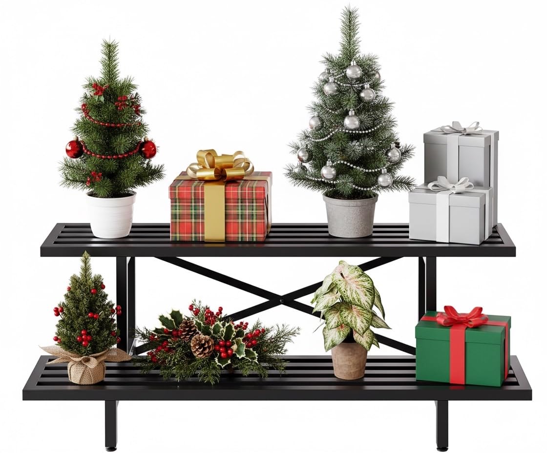 Idzo Steel Ladder Plant Stand Indoor, Heavy-Duty Steel Plant Holder, 220 lbs per Layer Capacity, Rustproof and Weather-Resistant, Indoor/Outdoor Metal Plant Stand, Space-Saving Display, Easy Assembly, 2-Tier