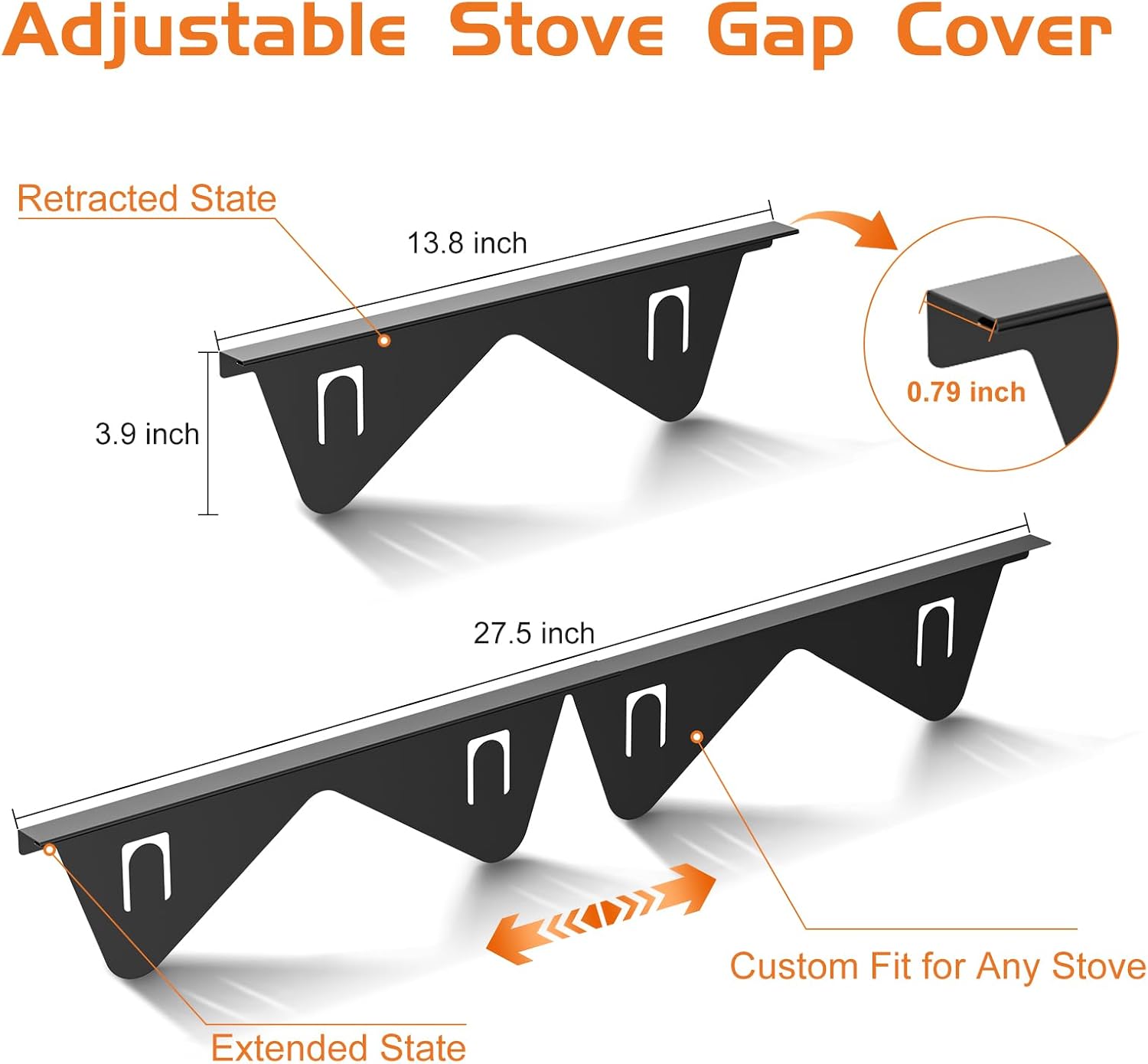  Stove Gap Covers, 2 Pack Retractable Stainless Steel Gap Filler, Heat Resistant & Easy Clean, Adjustable 13.8-27.5 in, Fits 2-20 mm Gaps, 0.79 in Wide, Black Brushed Finish thumbnail