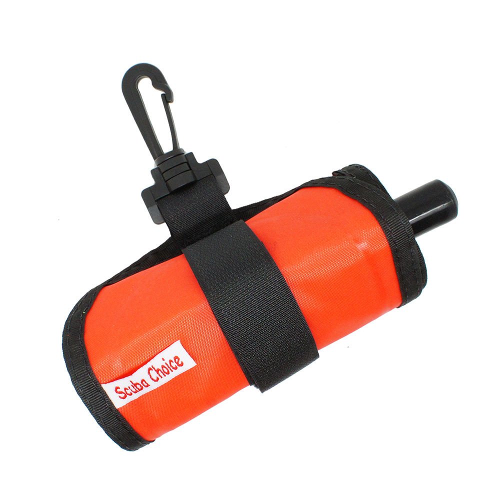 Scuba-Choice 4' Surface Marker Buoy Signal Tube, Orange - Durable Nylon TPU, Compact BCD Pocket Fit, Easy Oral Inflator, Diver Below Print, with Plastic Clip for Diving Safety