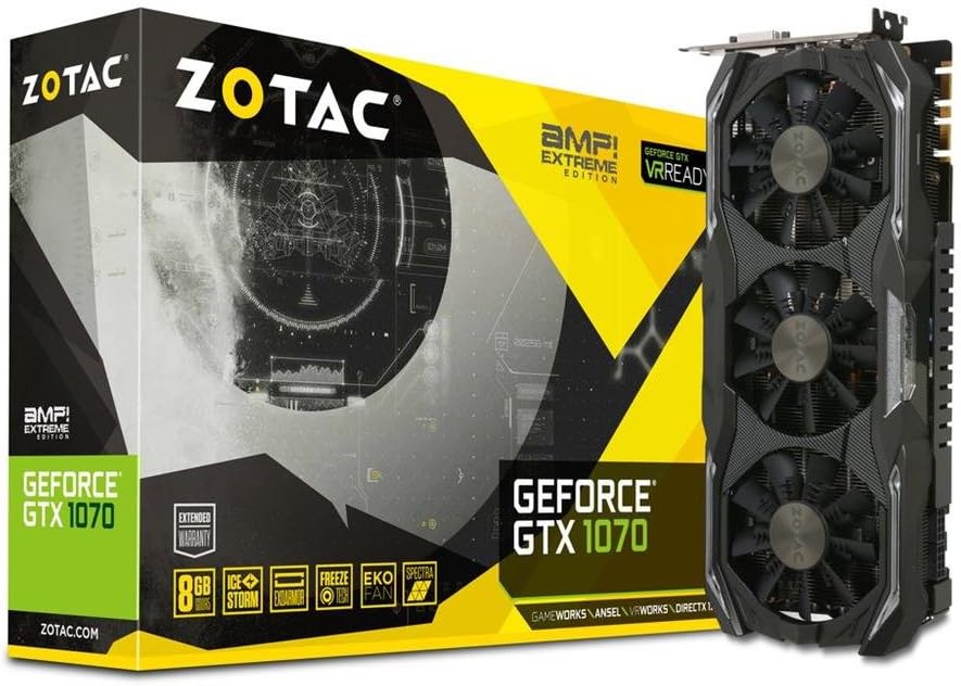 ZOTAC GeForce GTX 1070 AMP! Extreme, ZT-P10700B-10P, 8GB GDDR5 IceStorm Cooling, Metal Wraparound Carbon ExoArmor Exterior, Dual-Blade EKO Fan, Spectra Lighting, PowerBoost, Freeze Fan Stop