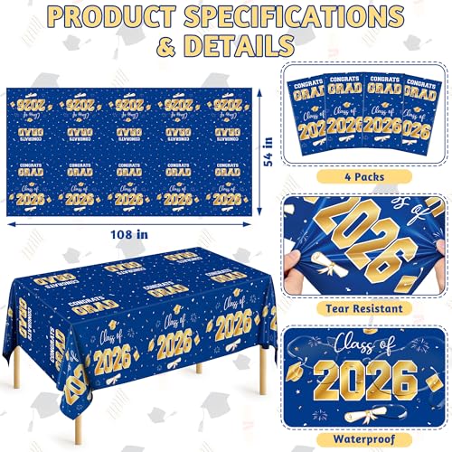 Image of QZYL 4 Pack Graduation Decorations 2026, 54 inch x 108 inch Blue and Gold Disposable Graduation Table Cloths, Grad Party Decorations for Class of 2026, Rectangle Plastic Tablecover for College Congrats Grad