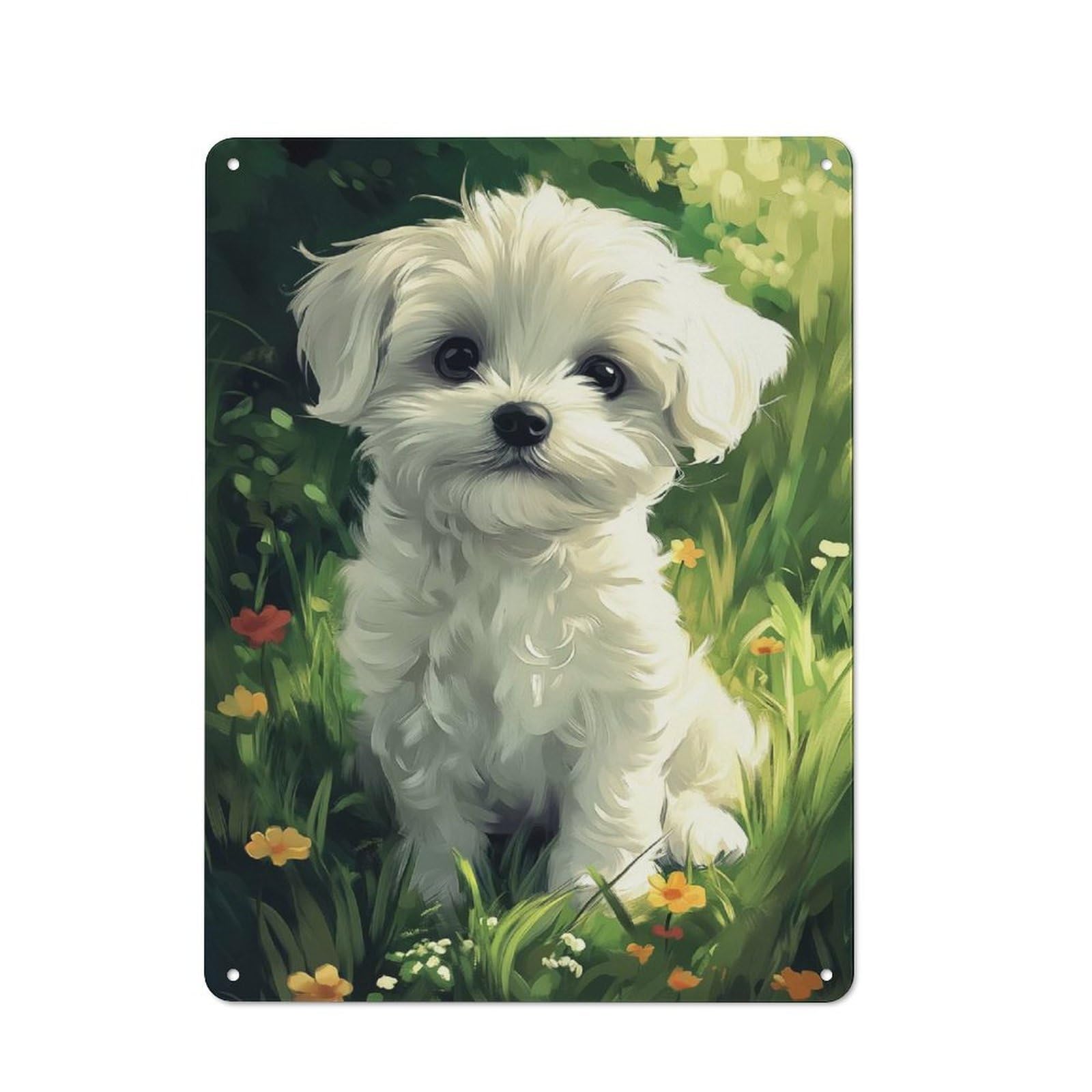 Junmoney Style-23 Maltese Dog Puppy In Flowers Retro-Style Tin Wall Plaque 40X30cm For Café Or Home Bar, For Themed Interiors In Cafés And Home Bars
