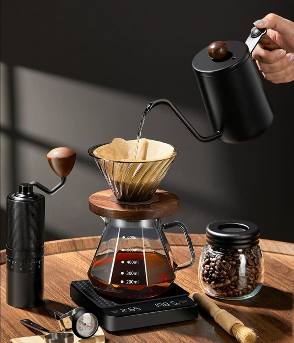 Juego completo de cafetera de 10 piezas, kit completo de preparación de café por goteo con hervidor, báscula, molinillo y accesorios, para los amantes del café, barista en casa, viajes y campamento