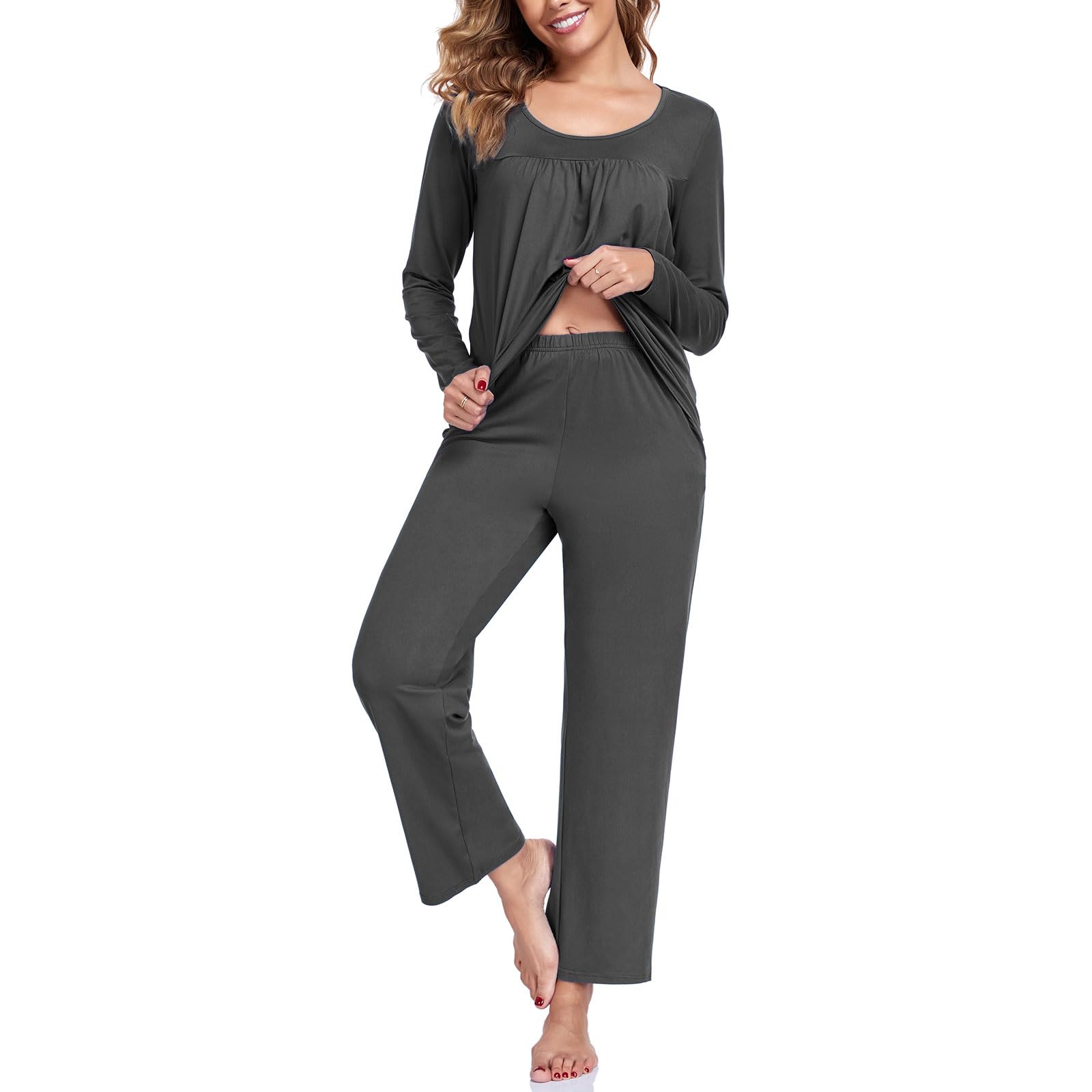 Pajama Sets for Women, Fall Long Sleeve 2 Piece Lounge Sleepwear Ladies Pjs Set with Pockets