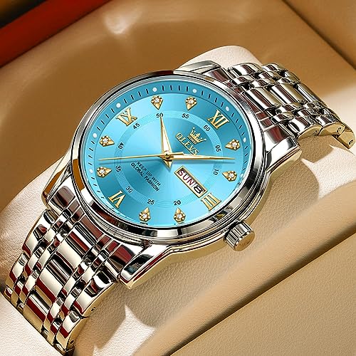 Image of OLEVS Men Watch Blue Gold Analog Quartz Stainless Steel Waterproof Luminous Date Luxury Casual Watch