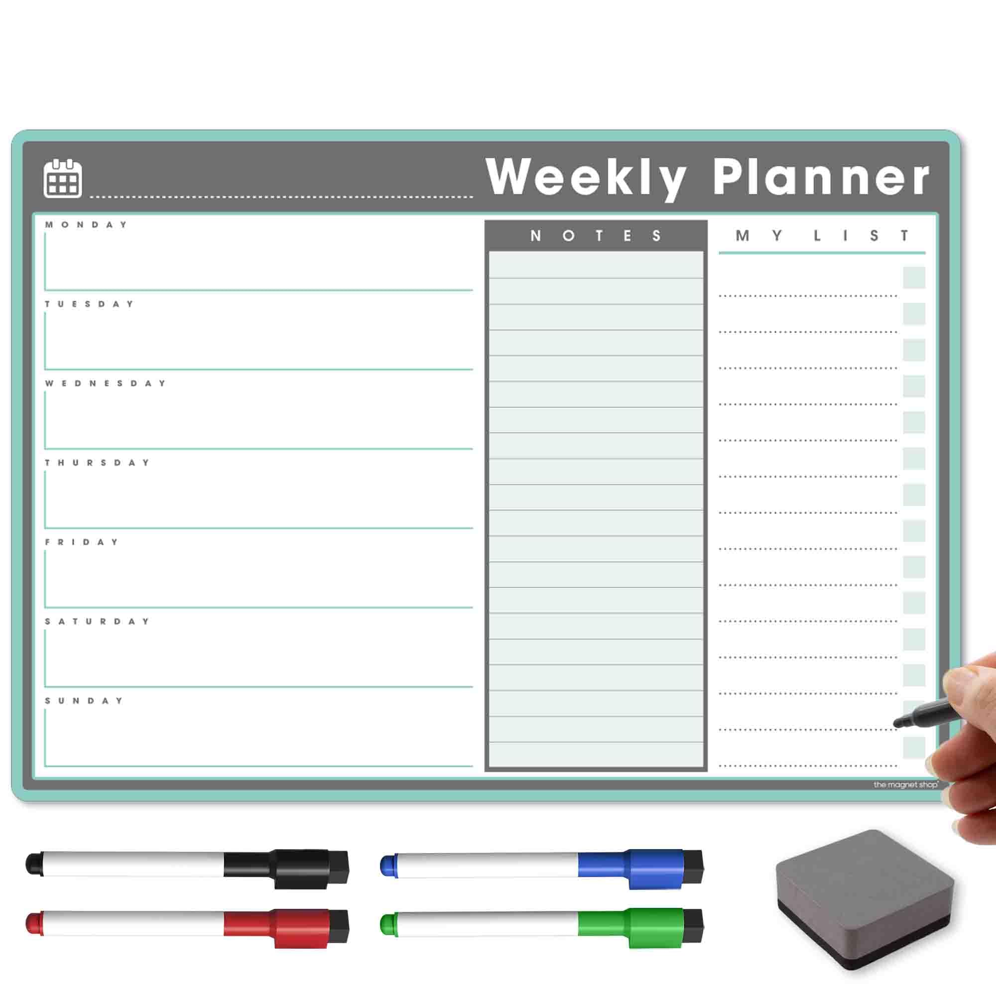 The Magnet Shop A3 Magnetic Weekly Planner - Dry Wipe Whiteboard Planner for Your Family, Office or Students to Organise Tasks and Chores - with 4 Dry Erase Pens and Eraser (Green, A3 - Style 1)