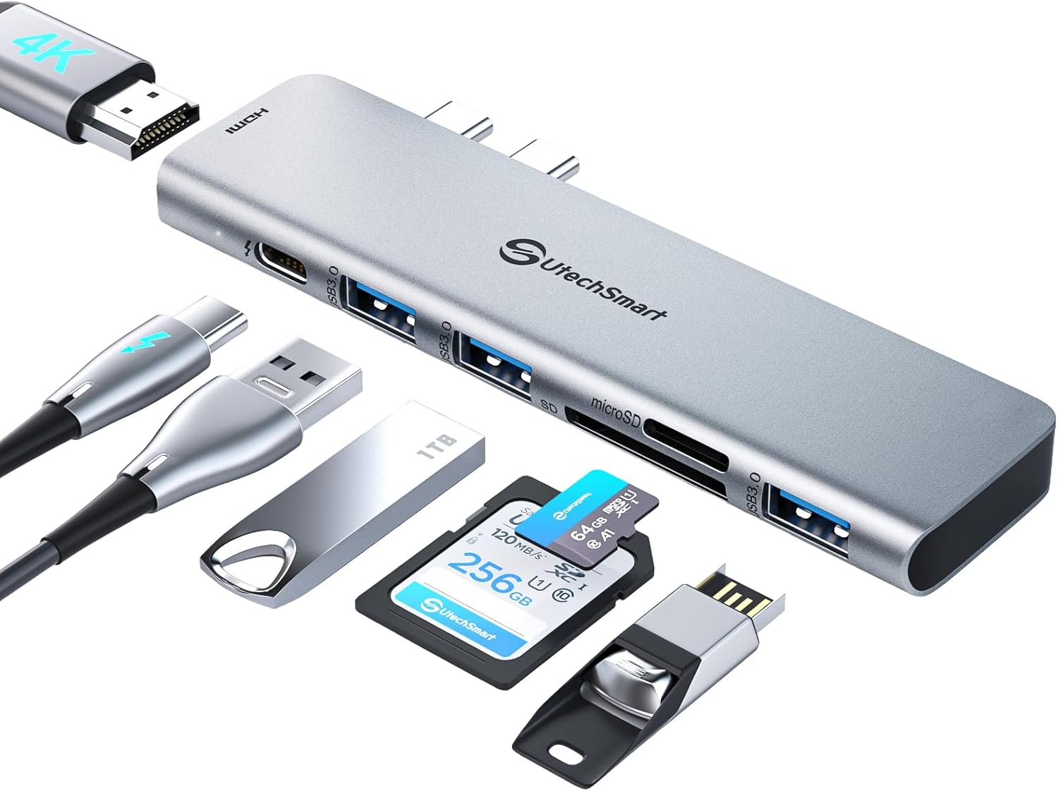USB C Hub Adapter MacBook – UtechSmart 7 in 2 MacBook Pro/Air Accessories Multiport Adapter with Thunderbolt 3 Port, 100W PD 4K@30Hz, 40Gbps 4K HDMI, 3*USB3.0 Data Port SD and MicroSD Card Reader