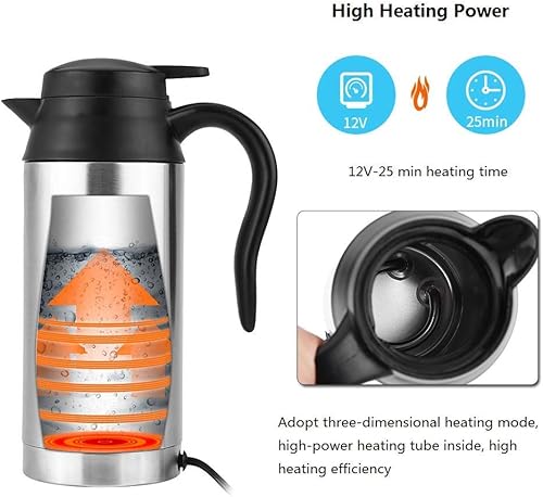 Miniatura 3 de Acouto Hervidor eléctrico de acero inoxidable para coche, 25.4 fl oz, 12 V, calentador de cigarrillos, calentador de agua portátil para té