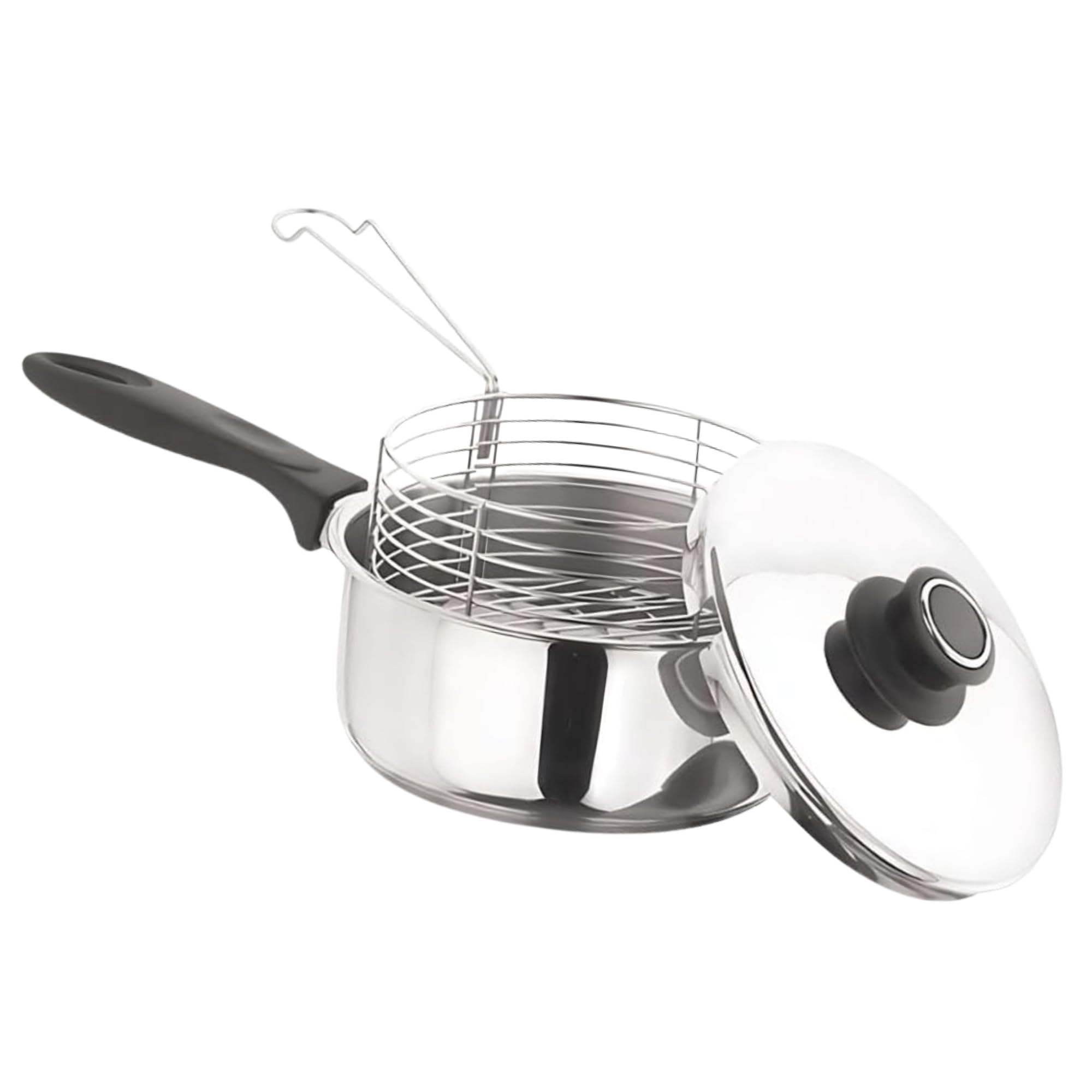 23cm Chip Pan Deep Fat Fryer Set | 9 Inch 3pc Durable Silver Chip Pan with Plastic Handles | Pot + Lid & Basket | Home | Food Ideal for Home & Pro Cooking (4.5 litres)