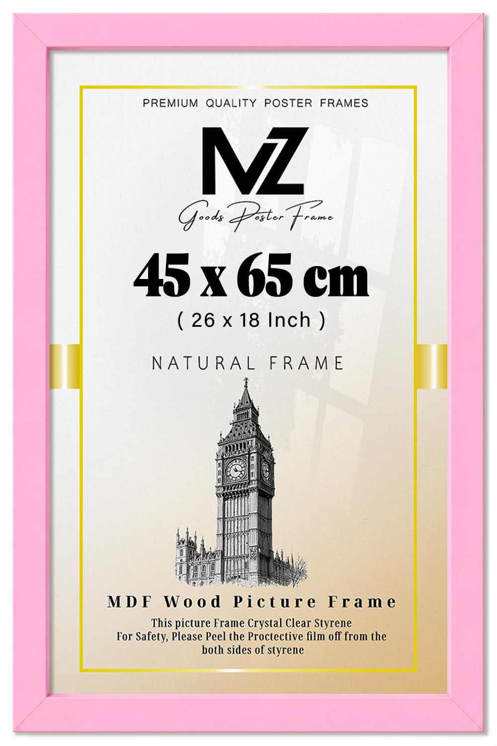 MZ GOODS | MDF Poster Frame (45 x 65 CM) 45 for Travel Memories, Sketches & Wall Interiors, Premium Finish, Secure Hanging Hooks for Display [ Pink ]