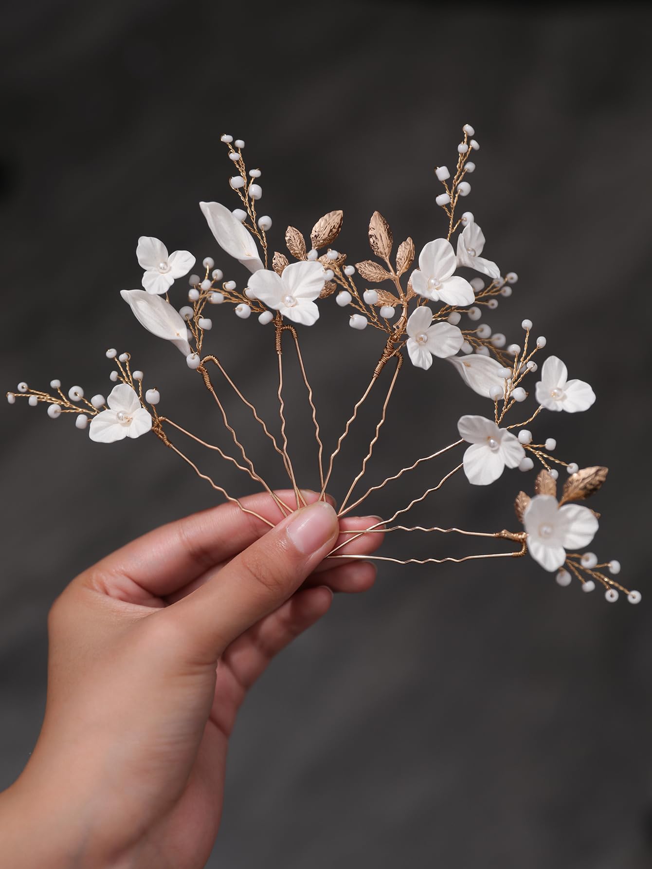 Handmade Pearl Bridal Hair Pins 6Pcs White Ceramic Flowers Gold Leaf Clips Porcelain White Floral Set of 6 Pearl Elegance Ensemble Hair  main image 2
