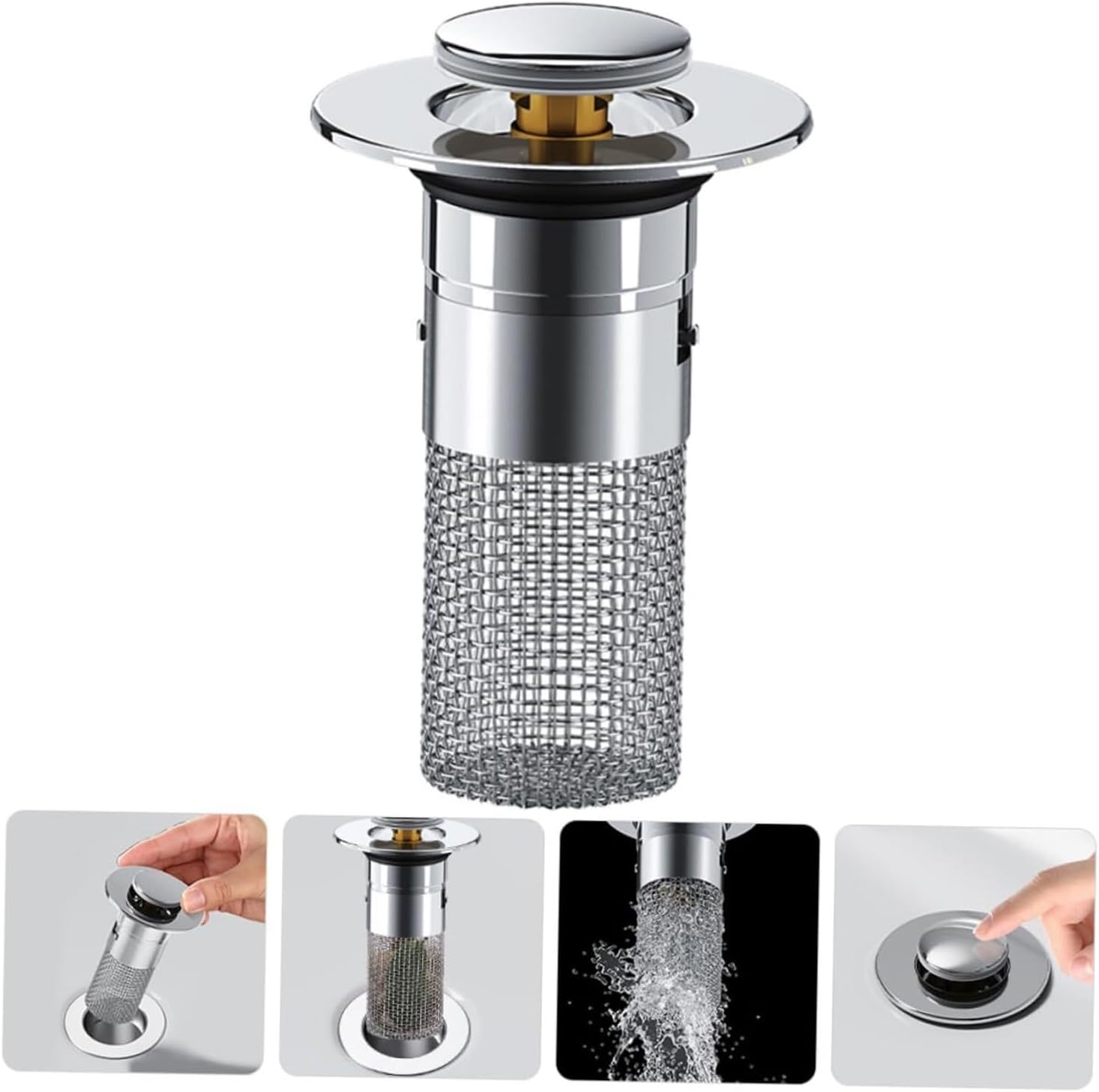 Universal Push-Type Bathroom Sink Stopper, Hair Catcher Drain Filter with Anti-Clogging Design, Standard Size Fits Most Sink Drain Holes, Stainless Steel & ABS Construction