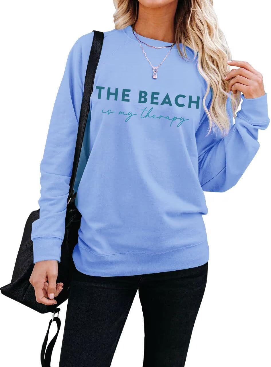 Beach Sweatshirt The Beach Is My Therapy Hoodie For Women Cute Graphics Long Sleeve Pullover Tops