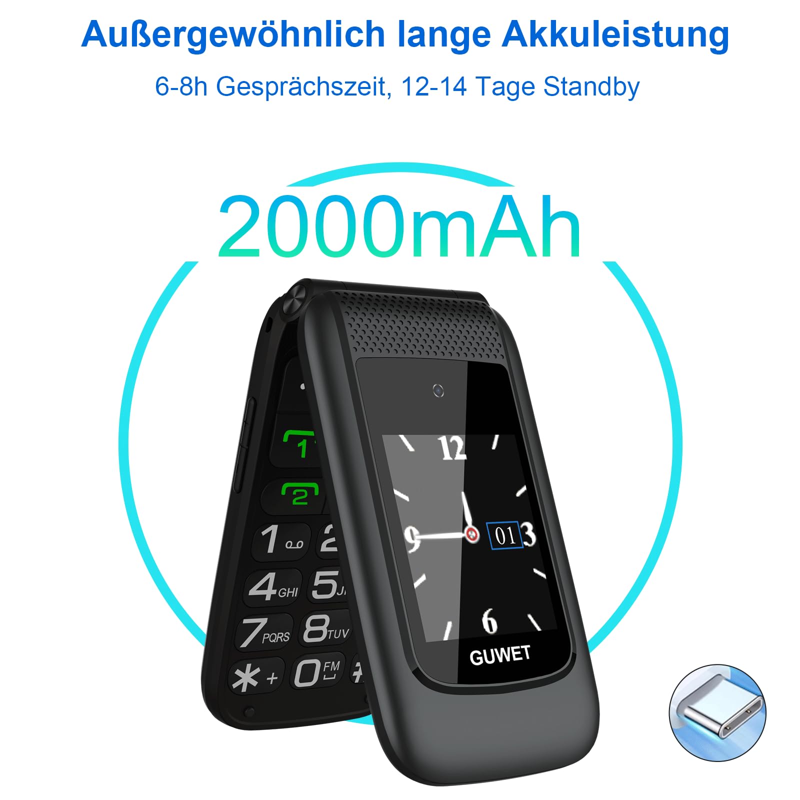 Seniorenhandy Klapphandy ohne Vertrag,Rentner Handy Großen Tasten mit SOS-Notruftaste,Dual SIM 2G GSM mit 2000mAh Akku,USB-C,2.4"+1.77" Dual Display,Schwarz
