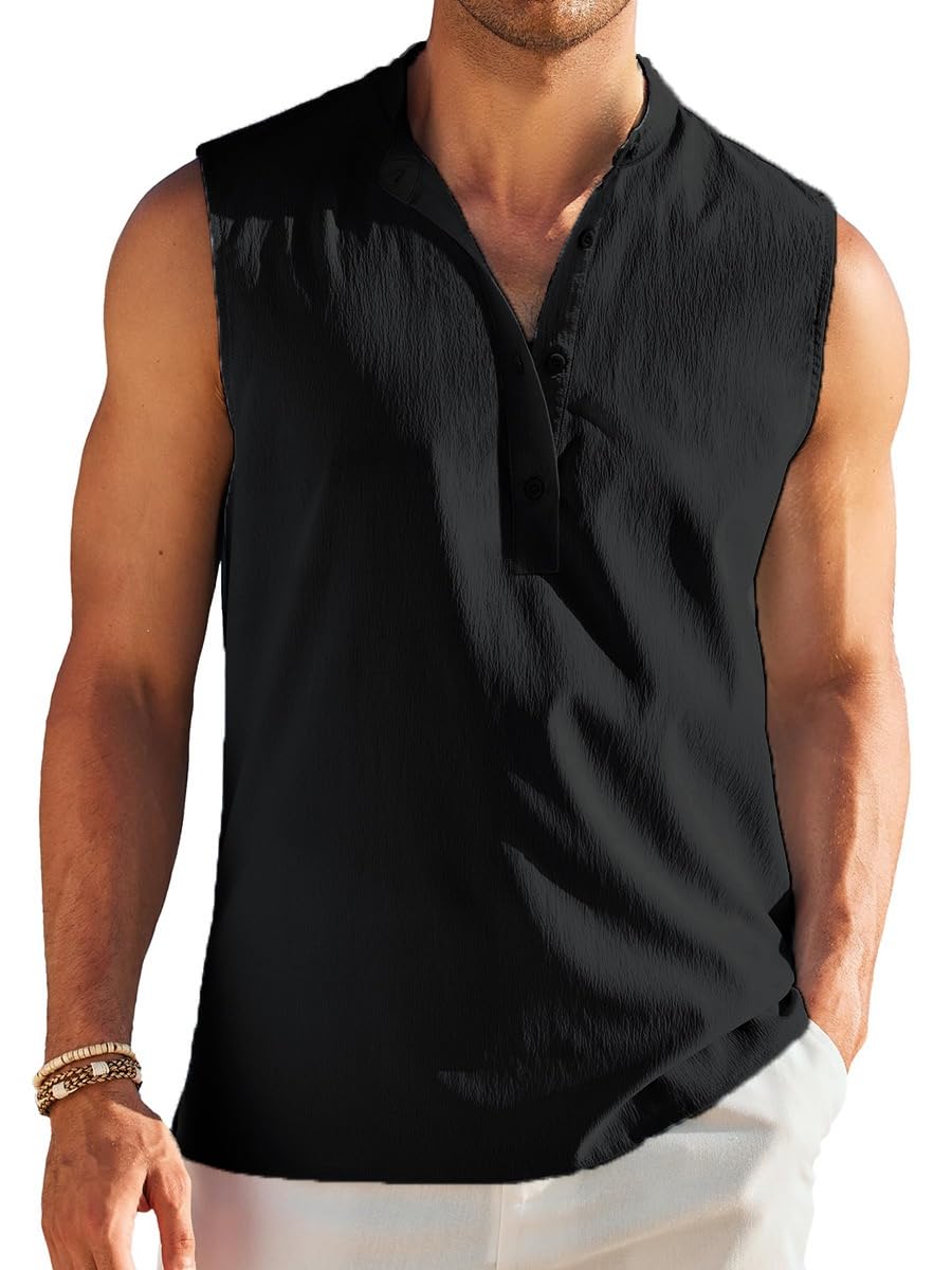 Tank Top Herren Sommer Ärmellos Henley Stil Casual Strand Shirt Muskelshirt Leicht Freizeit Oberteil