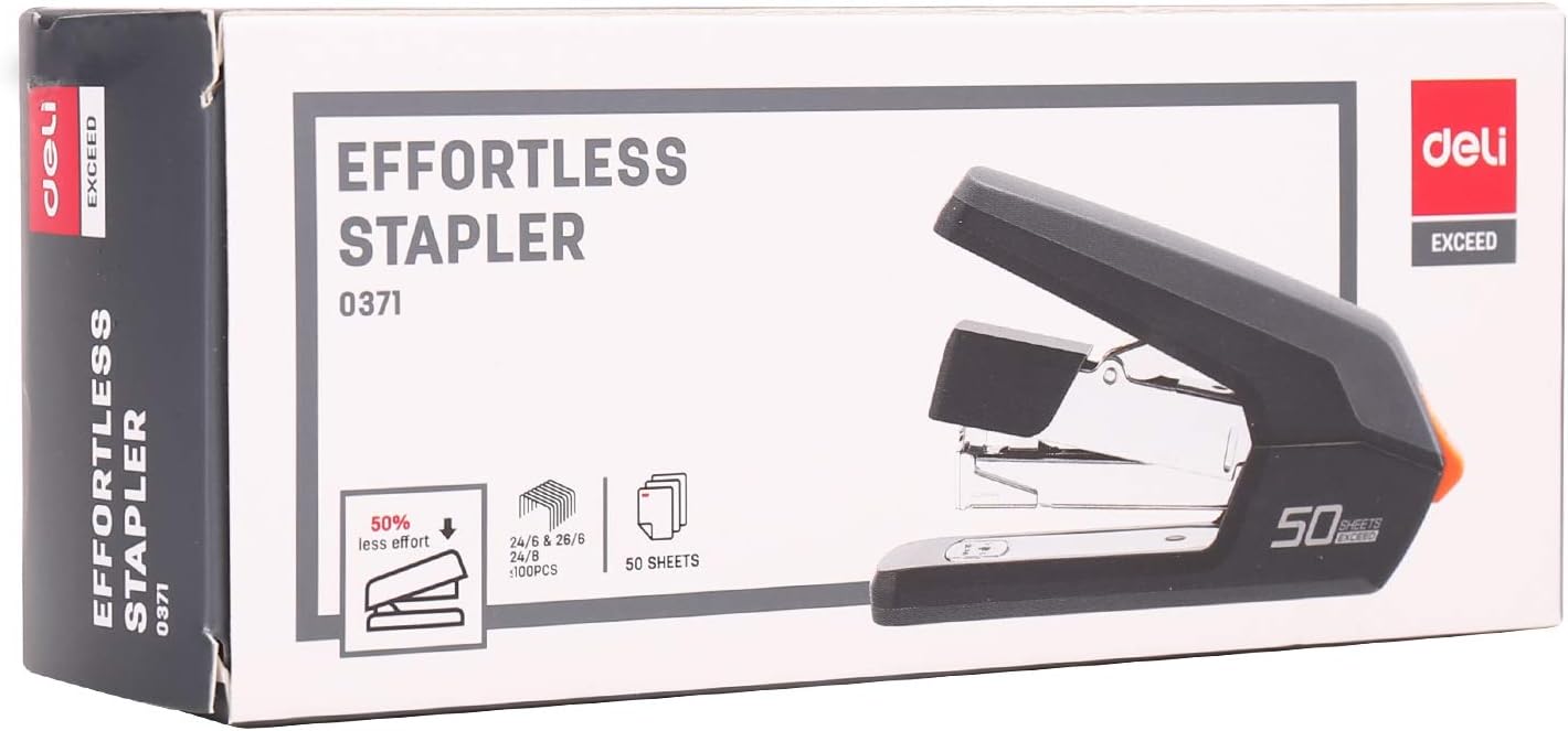 Deli Effortless Desktop Stapler, Heavy Duty Stapler, 40-50 Sheet Capacity, One Finger, No Effort, Includes Staples & Staple Remover, Black