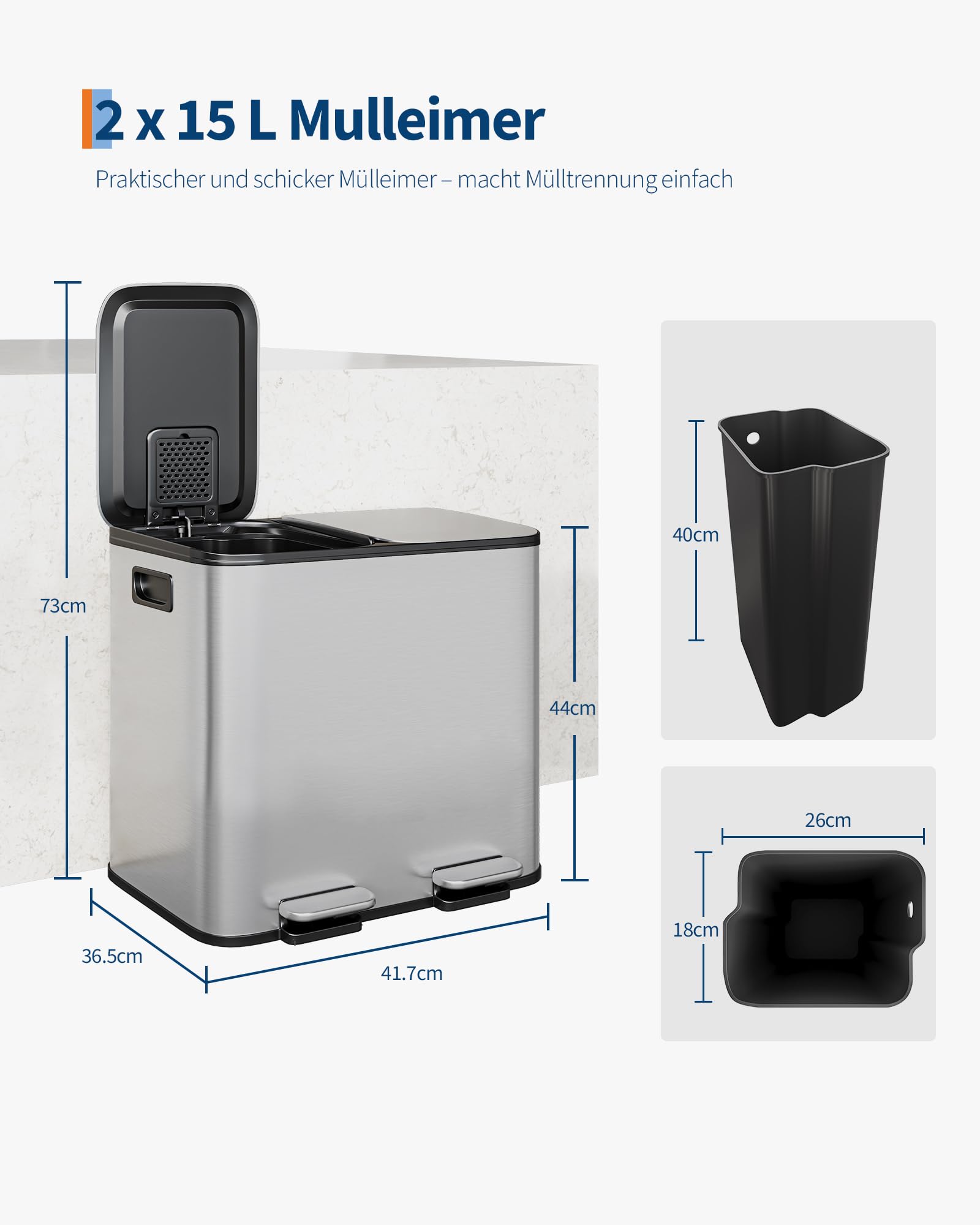 Mülleimer Küche 2 x 15 L aus Edelstahl, 2 Fächer Treteimer mit | Softclose-Deckel, Abfalleimer mit Rutschfeste Füße und Pedalen, Mülltrennsystem, Leichte Reinigung und Platzsparend