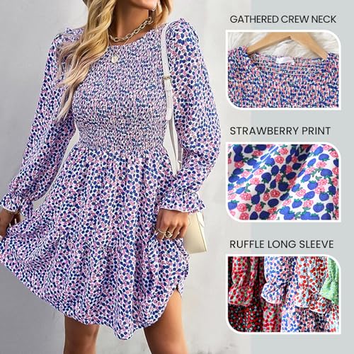 Image of KIRUNDO Long Sleeve Dress for Women 2025 Summer Fall Wedding Guest Smocked Floral Crewneck Ruffle A Line Flowy Mini Dress