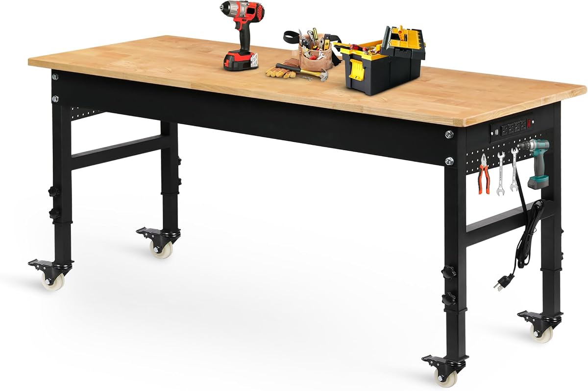 60" Adjustable Workbench on Wheels, Rubber Wood Heavy Duty Workstation with Power Outlets & Pegboard, 2000LBS Load Capacity Hardwood Worktable for Workshop, Garage, Office, Home, Commercial