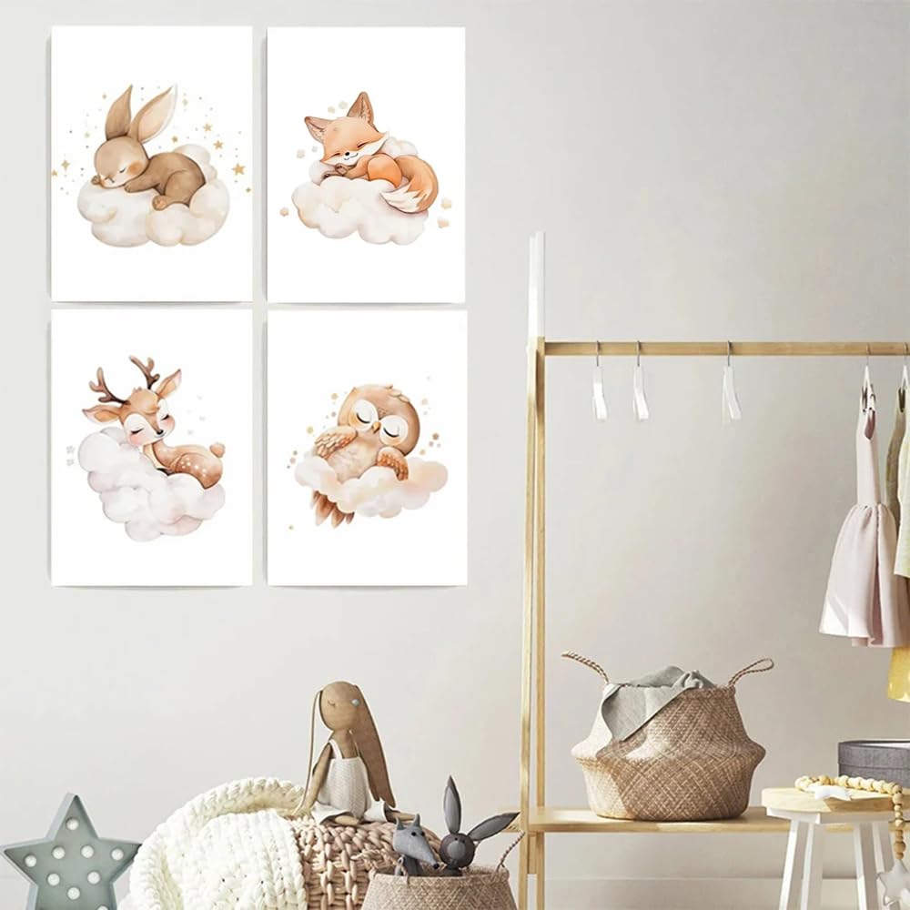 BeiYiHo Tableau Chambre Bebe Biche Nuages 21x30 Affiche Beige Brun Deco Chambre Enfant Theme Nature Poster Bébé Cerf Decoration Murale Fille Cadeau sans Cadre