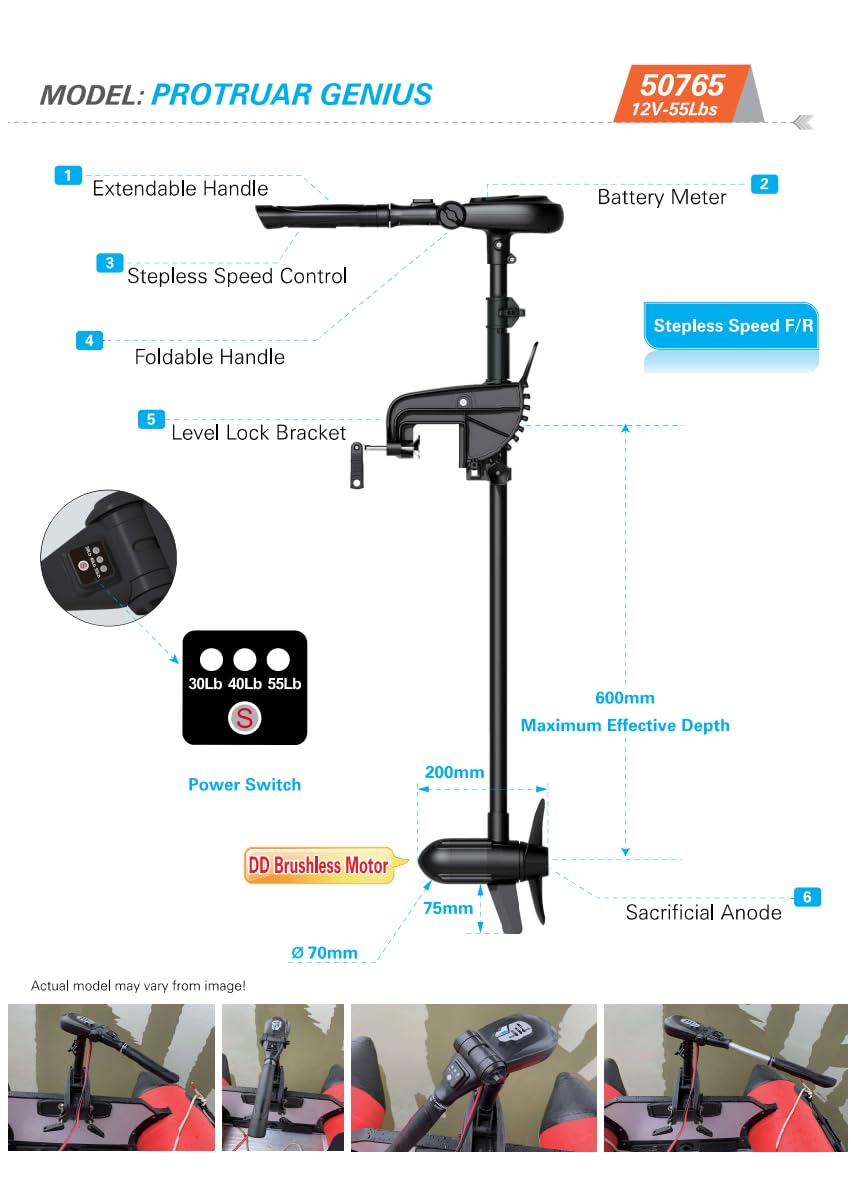 MTLAKEMOTOR HASWING Electric Trolling Motor – Protruar Genius 12V Selectable Thrust Power 30, 40, 55Lbs Model 31.5 Inch DD Brushless Motor Stepless Speed Control Folding Handle Boat Fishing