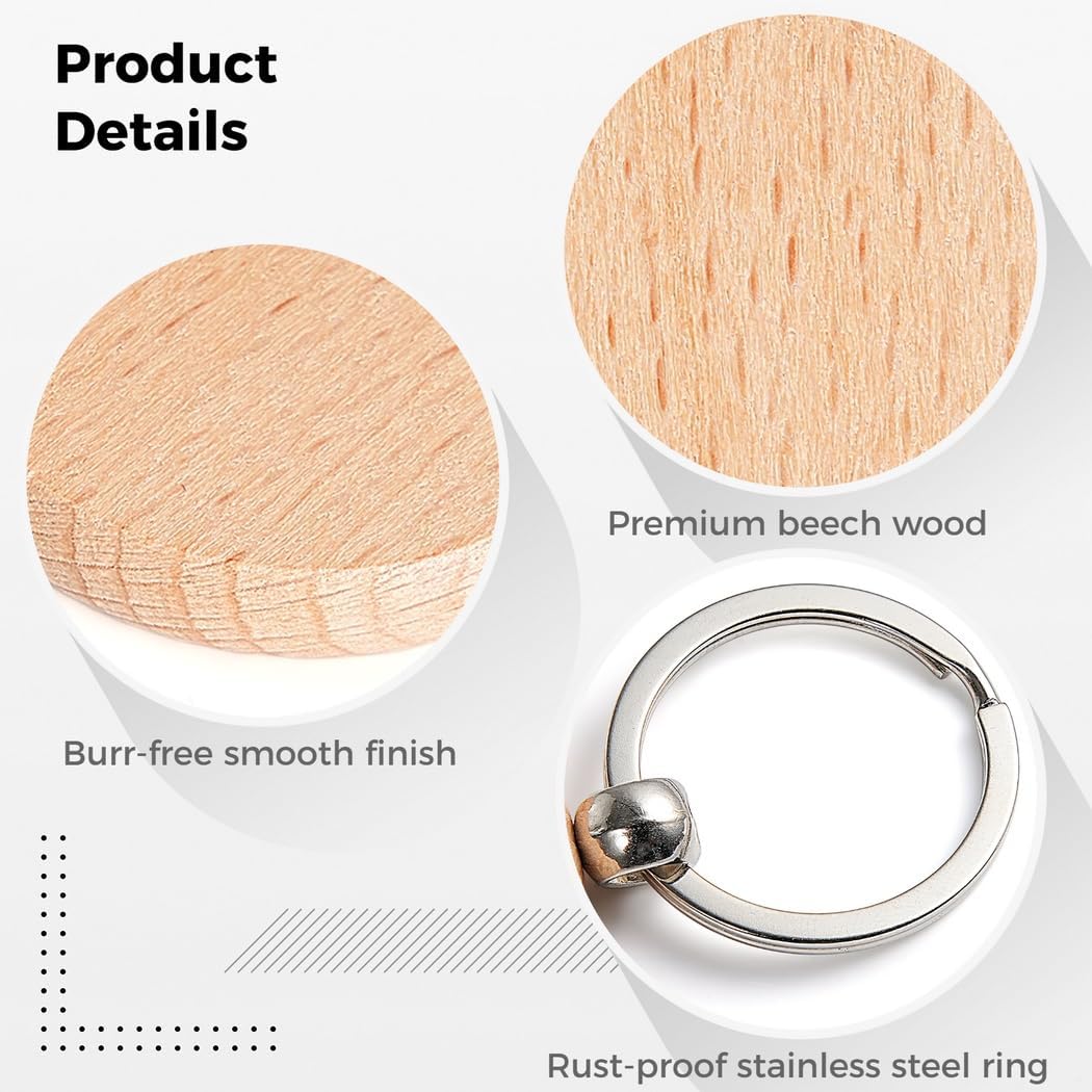 50 Pieces Wooden Keychain Blanks for Crafting, Customizable Round Wood Keyrings for DIY Projects, Christmas Ornaments, Pet Tags, Bag Charms