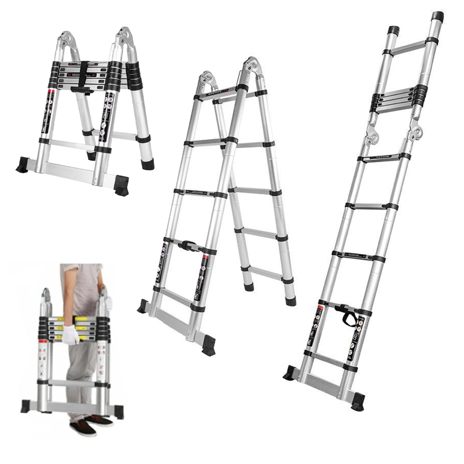 PORIYA 3.2M/3.8M/4.4M/5.0M Multi-Purpose Telescopic Aluminum A-Frame Ladder, 330 lbs Capacity, Lightweight, Durable, and Compact for Home and Work (4.4M) - 4.4M