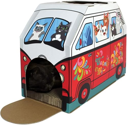 Miniatura 4 de American Cat Club Casa para gatos con rascador y hierba gatera incluidos, furgoneta retro, 1 unidad (paquete de 1)