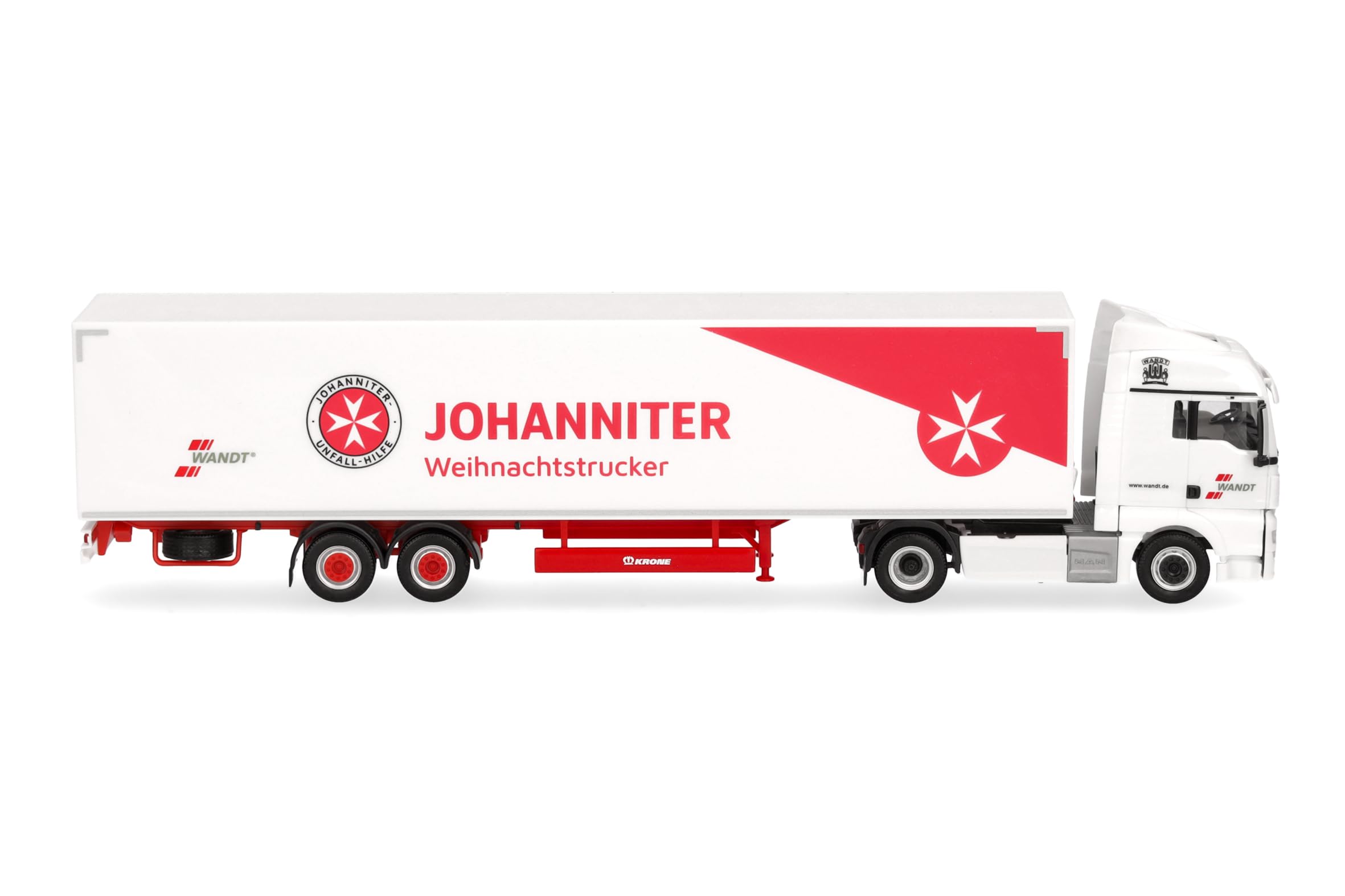 herpa Modellino Camion MAN TGX XLX Euro6c autocarro con rimorchio a cassone Wandt/Johanniter Weihnachtstruck, Miniatura in scala 1:87, pezzo da collezione, Made in Germany, plastica
