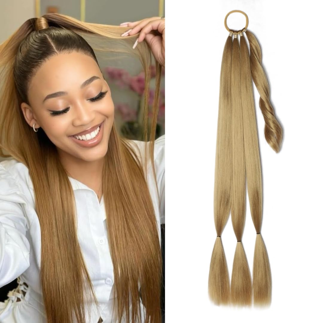 Ponytail Extensions for Women Braiding Hair Pieces, Synthetic Hair With Rubber Band Long Straight Sleek Wrap Around Hair Extension Pony tails 32inch