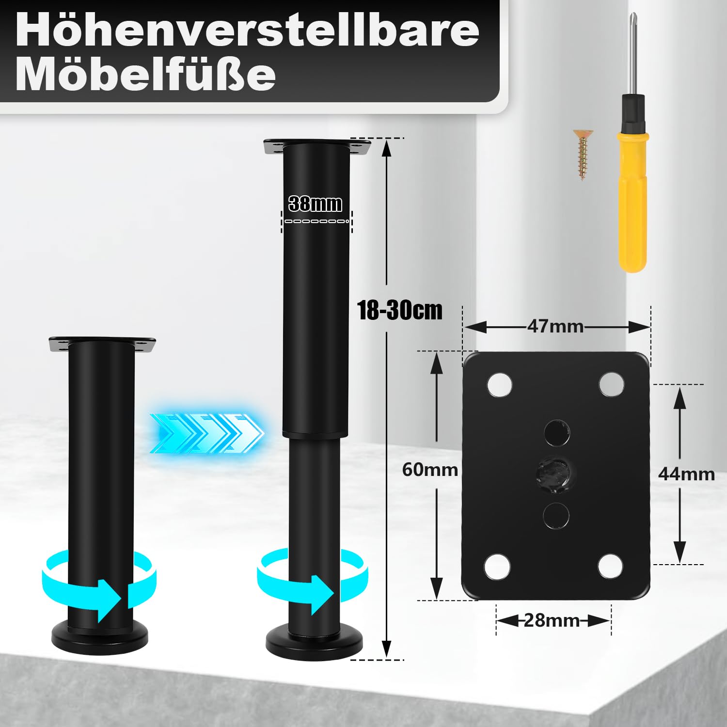 Juego de 8 patas para muebles de acero inoxidable, color negro, 18 – 30 cm, altura regulable, patas para muebles con tornillos, soporta hasta 300 kg, para sofá, muebles, sillas de escritorio