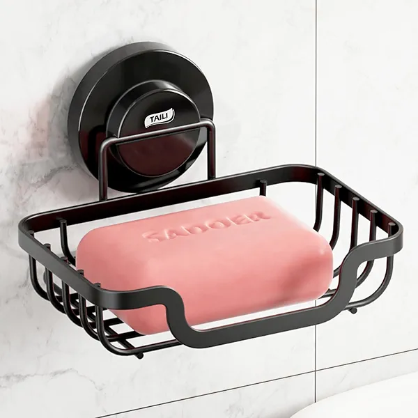 TAILI Soap Holder Bar Dish Suction Cup, Bar Shampoo Rack for Shower Wall, Draining Soap Saver Tray for Bathroom, Rustproof Stainless Steel Sponge Holder for Tub, Kitchen, Drill-Free, Black