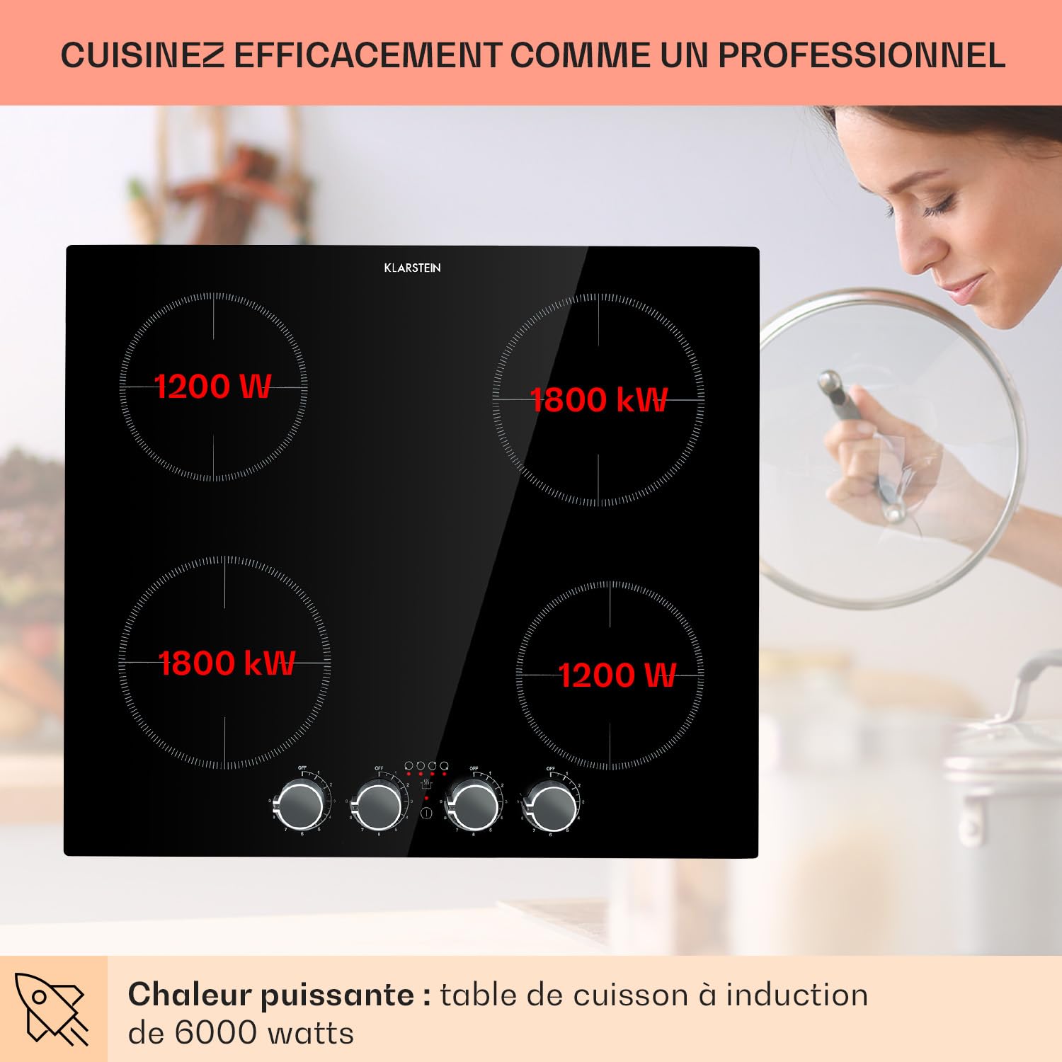 Klarstein Plaque Induction Encastrable de 6000W, Table de Cuisson Induction, Plaque 4 Feux, de Cuisson avec Sécurité, Tables de Electrique 4 Foyers, Plaques
