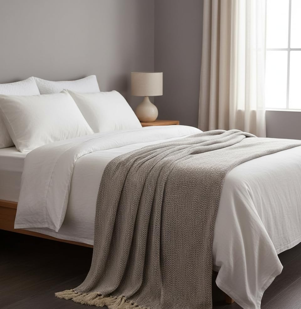 Image of Cotton Weave Boho Sofa Throw Blanket 50x60 Inches or 125x150 cms Lightweight, Soft & Breathable Couch, Bed or Chair Throw Blanket for Living or Bedroom, Zigzag Silver Grey