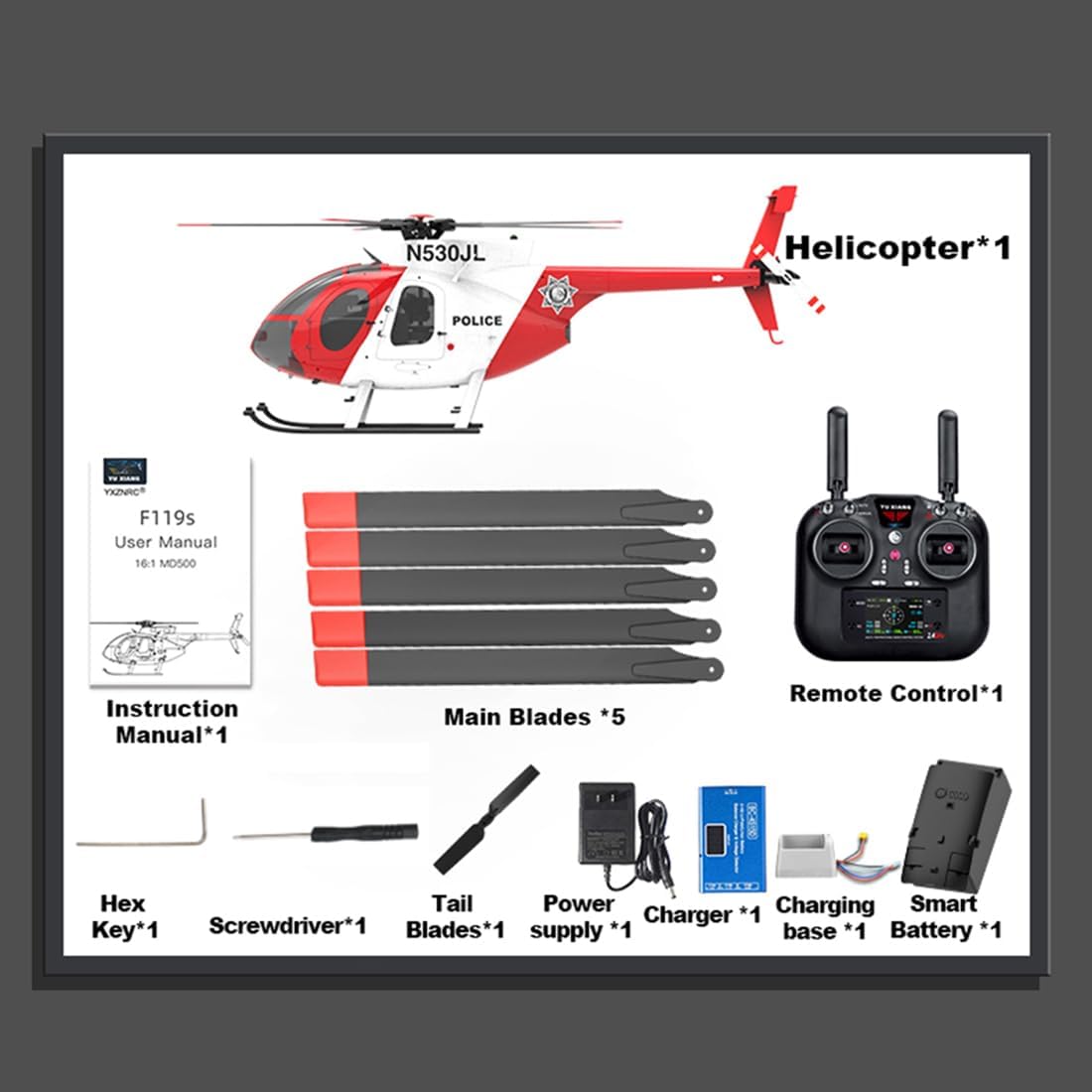 YU Xiang F119S MD500 Remote Control Helicopter, 1/16 2.4G 9CH 250-Class 6-Axis Gyro Military RC Helicopter with 6G/3D Switchable Modes and Optical Flow for Adult(Red & White/1 Battery)