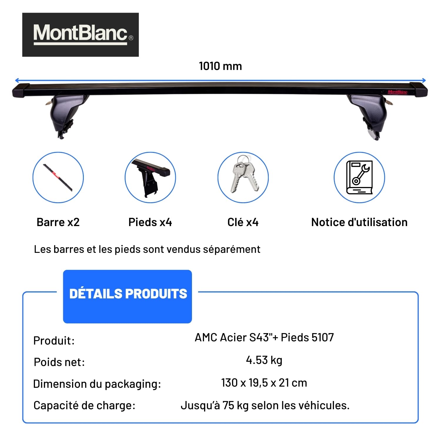 Mont Blanc Barras de Techo AMC Acero 1010 mm - Carga 75 kg