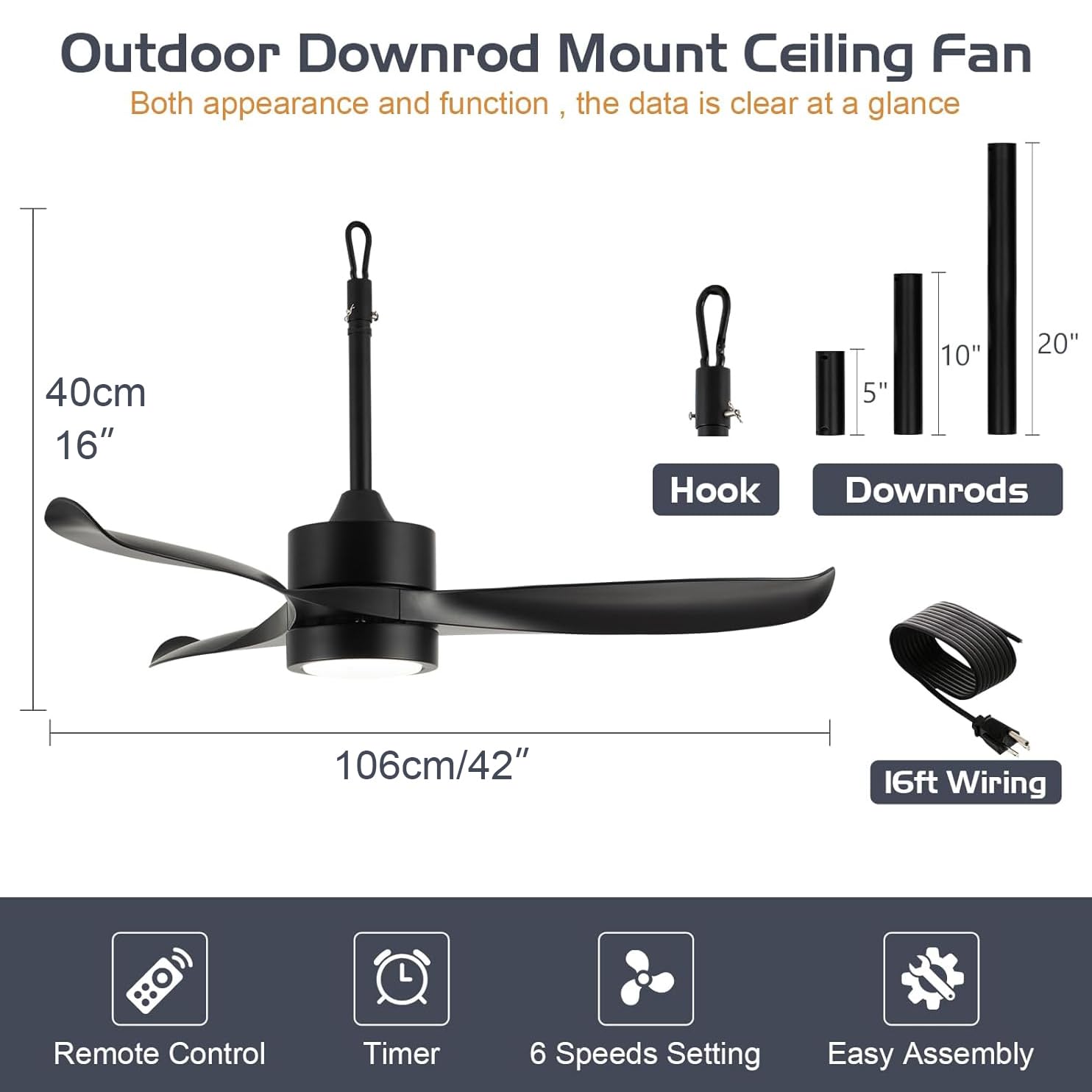 106CM Outdoor Deckenventilator mit Beleuchtung und Fernbedienung IP65 Wasserdicht Deckenleuchte mit Ventilator LED Dimmbar Lampe mit Ventilator Leise 6 Gang Fan Deckenlampe für Außen Balkon Garten